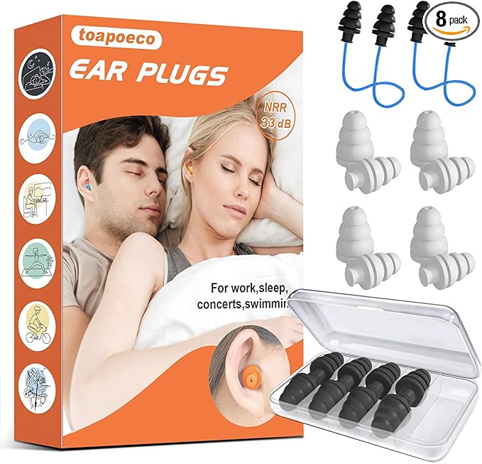 Ear Plugs for Sleeping Noise Cancelling,Reusable Earplugs for Sleeping, Concert, Snoring, Travel, Comfortable Type,33dB NRR 8 Pairs 2 Colors2