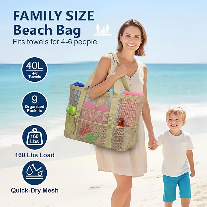 F-color Mesh Beach Bag Family - Large Tote Bag 9 Pockets for Swim Pool Toys Cruise Beach Vacation Essentials