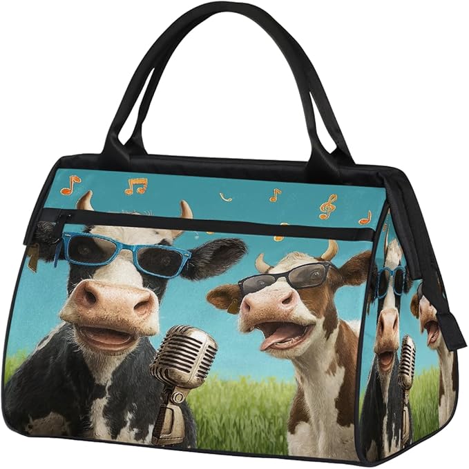 Overnight Weekender Bags for Women Men, Two Music Cows Art Waterproof Travel Carry On Duffel Bag, Lightweight Sports Gym Bag for Fitness, Workout, Travel