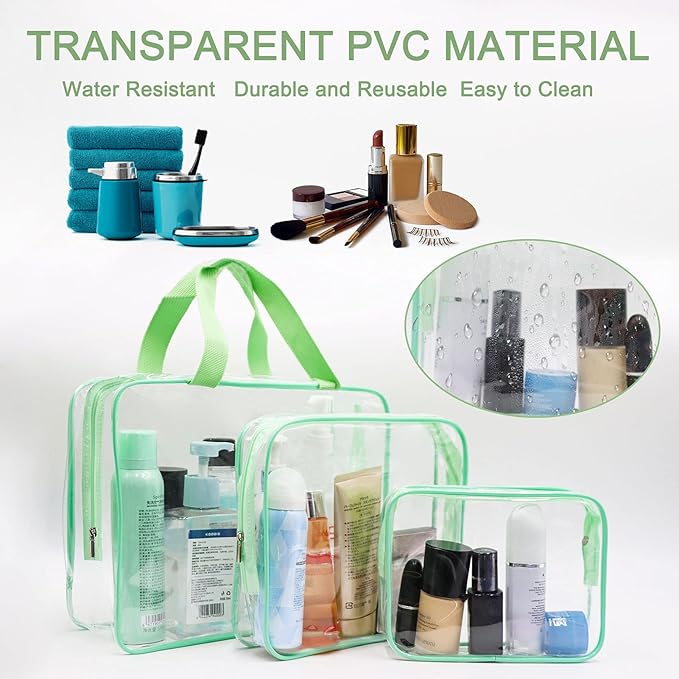 APREUTY Clear Makeup Bags, TSA Approved 6 Pcs Cosmetic Makeup Bags Set Clear PVC with Zipper Handle Portable Travel Luggage Pouch Airport Airline Vacation Organization (Green)