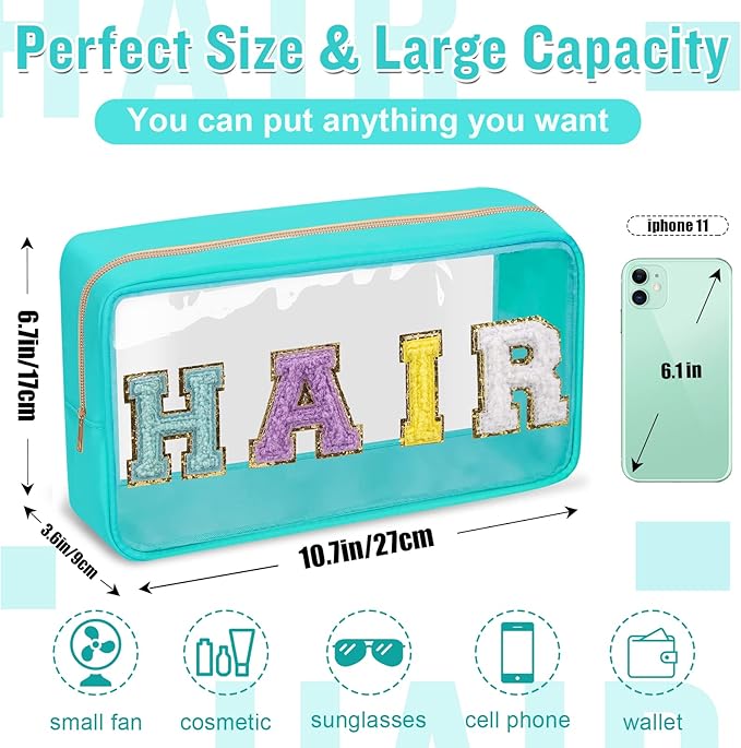 2 Pack Chenille Letter Clear Makeup Bags Face Hair Pouch, Preppy Patch Travel Face Bag Pink Clear Pouches With Zipper, Travel Hair Bags for Hair Stuff Waterproof Cosmetic Toiletry Storage(HAIR+FACE)