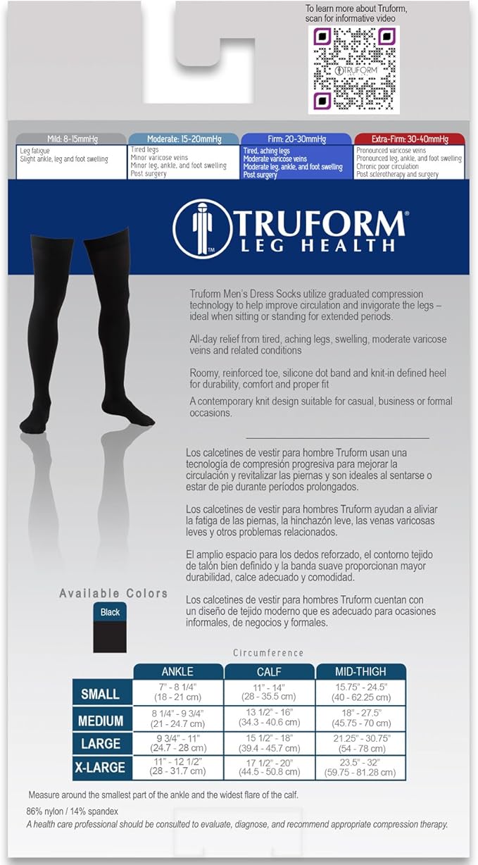 Truform Compression Socks, 20-30 mmHg, Men's Dress Socks, Thigh High Over Knee Length, Black, Small