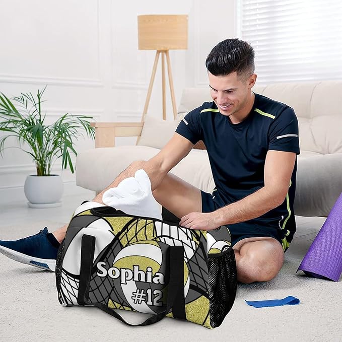 Custom Volleyball Grey Gold Duffel Bag with Name Personalized Travel Bags Sport Gym Bag Carry On Weekender Bags for Men Women