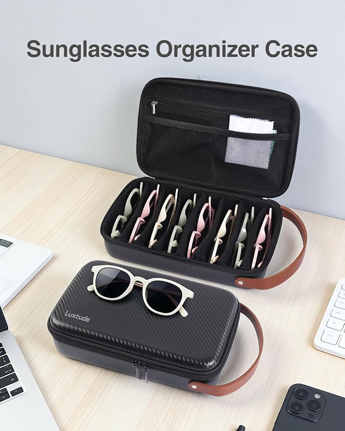 Luxtude Travel Sunglasses Organizer Case for Women Men, Glasses Case Multiple Pairs w/Adjustable Slot, Sunglass Storage Cases