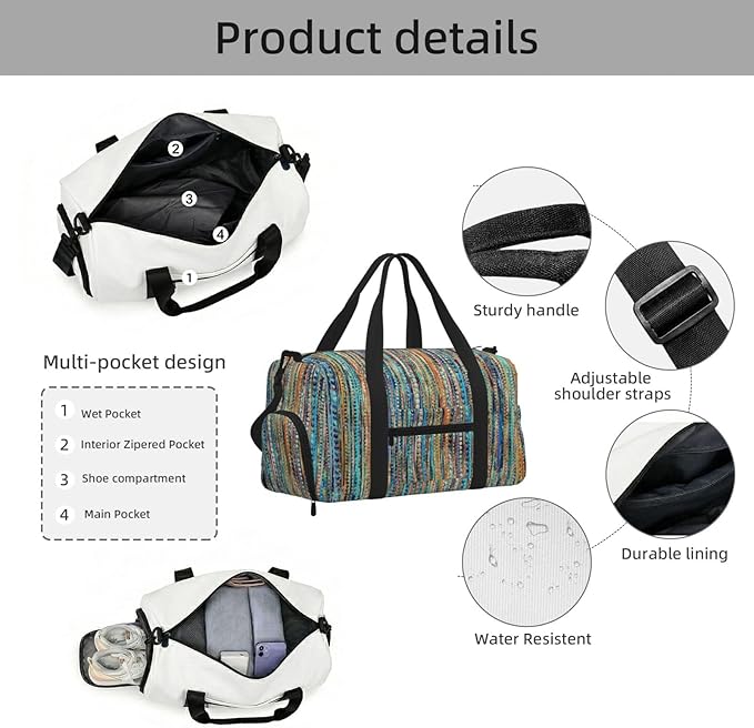 Stripes And Beads Women'S Gym Duffle Bag With Shoes Compartment, Ideal For Travel, Gym, Sports, Duffel, Weekender