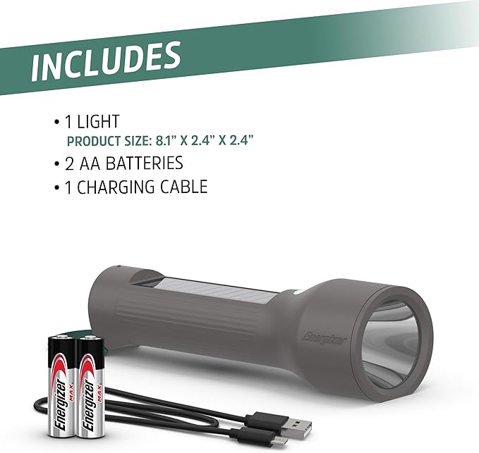 Energizer S-600 LED Flashlight Rechargeable Solar and AA Battery Power Options, Super Bright IPX4 Water Resistant Flashlights High Lumens for Emergencies, Outdoors, DIY