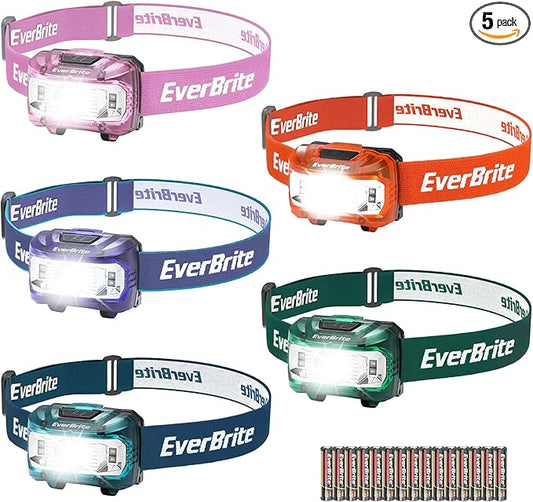 EverBrite Headlamp, 5 Pack Kids Headlamp with Red Light and Memory Function, Head Lamp for Adults and Kids with 5 Modes, Bright Headlamps for Camping, Running, Christmas Gifts, Batteries Included