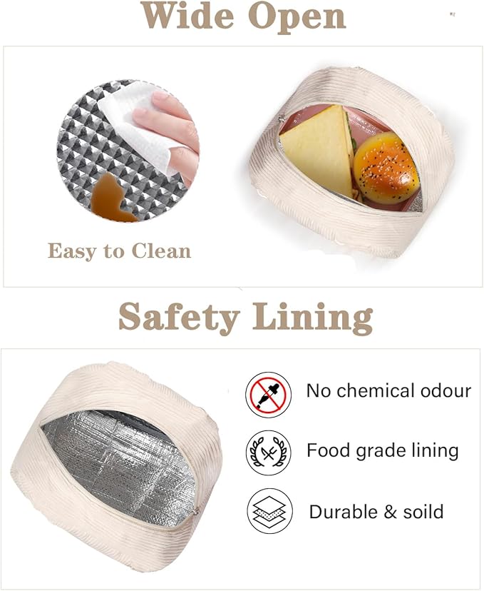 Cute Lunch Box Tote Bag - Corduroy Insulated Cooler Bags for Women - Lightweight Reusable Portable Soft Lunch Pail Kit for Kids Teen Girl Adults Work School Picnic Travel White 12L