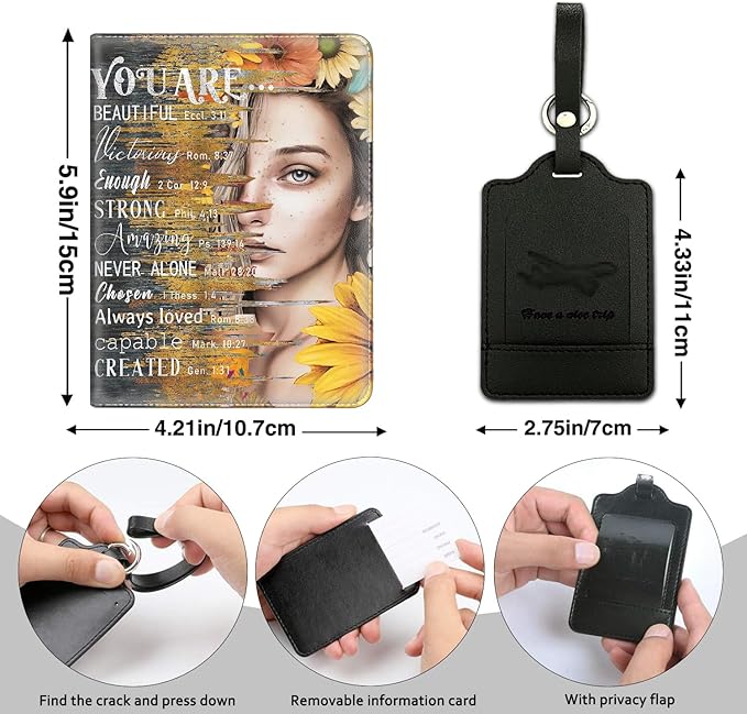 Passport Holder Women Wallet with Luggage Tag, Leather Passport Cover with RFID Blocking, Travel Accessories Multi Card Slot Passport Case for Men，Sunflower Girl Inspirational Quotes