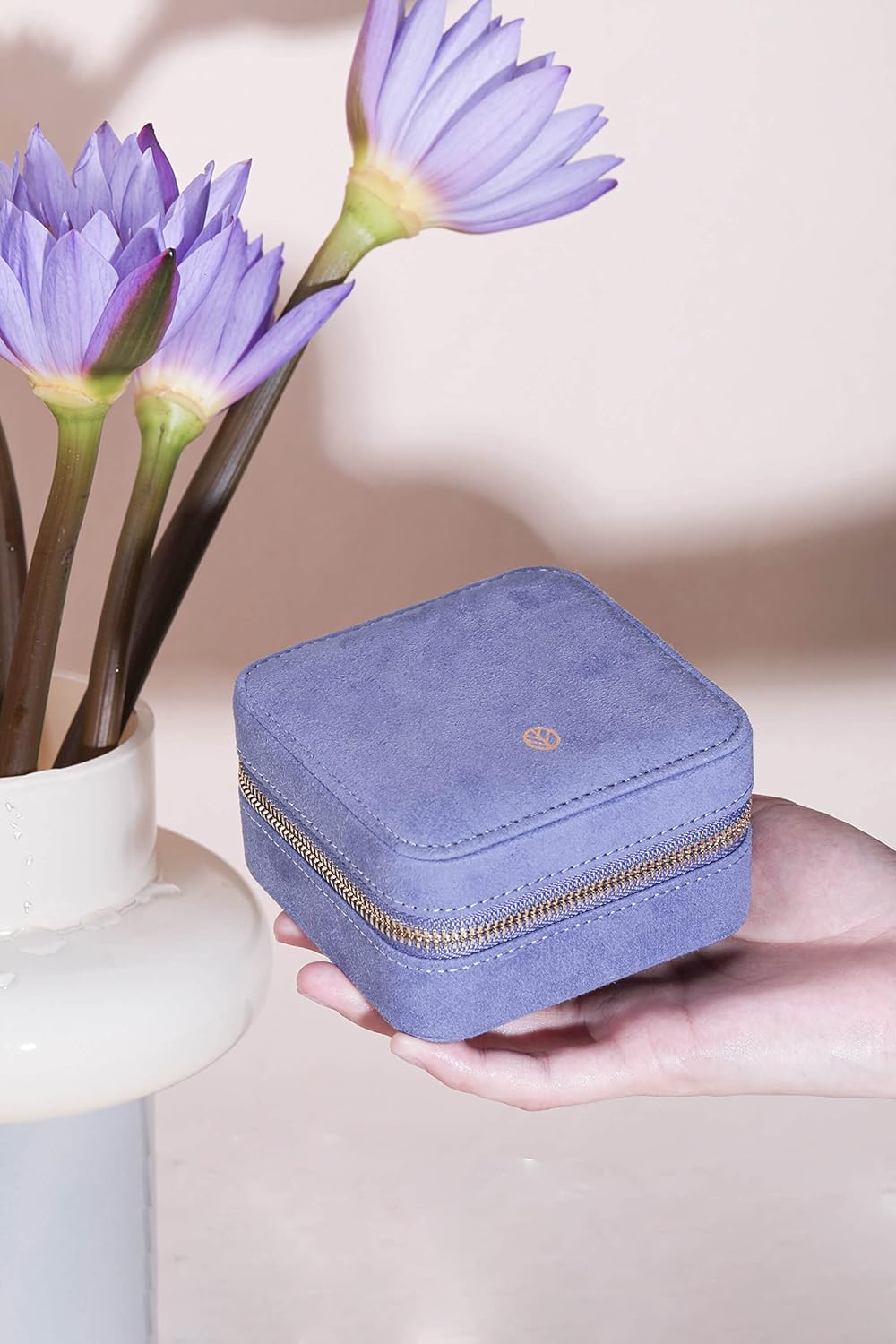 S.Leaf Mini Travel Jewelry Case - Portable Organizer Box for Women (Suede Touch, Dust Lavender)