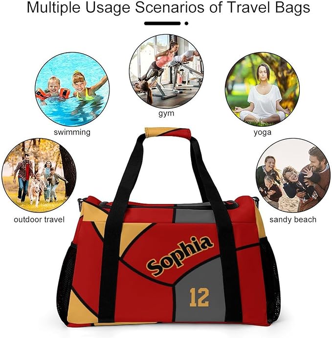 Custom Volleyball Gold Red Duffel Bag with Name Personalized Travel Bags Sport Gym Bag Carry On Weekender Bags for Men Women