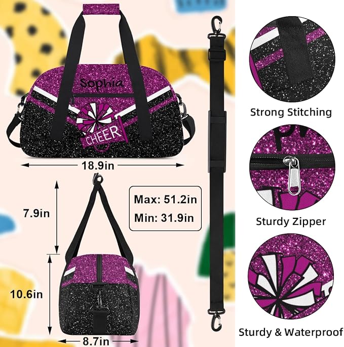 Personalized Glitter Pink Purple Cheer Bag for Cheerleaders, Custom Sport Gym Bag Dance Bag Travel Duffle Bag Cheerleading Gifts for Women