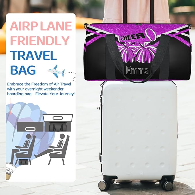 Personalized Dance Gym Bag, Custom Cheer Sport Duffel Large Compartment Cheerleaders Dance Weekender Bags Travel Tote, Bright Purple Glitters Black