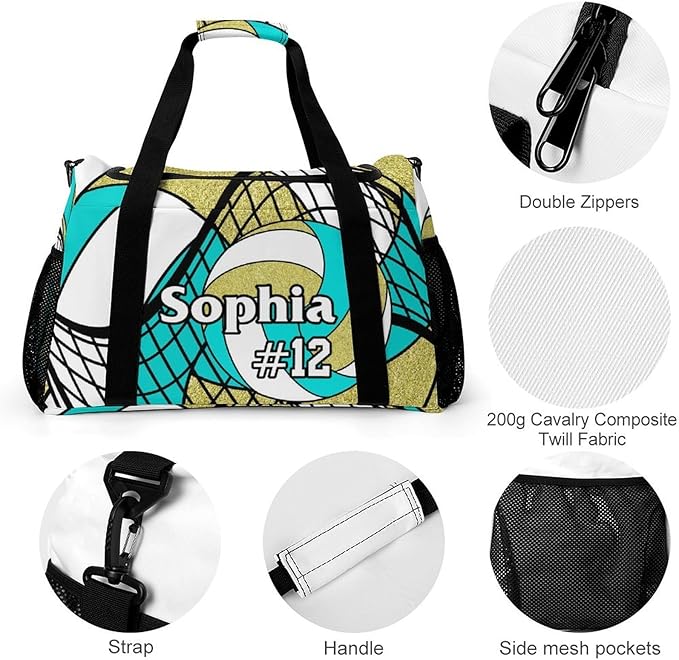 Custom Volleyball Turquoise Gold Duffel Bag with Name Personalized Travel Bags Sport Gym Bag Carry On Weekender Bags for Men Women