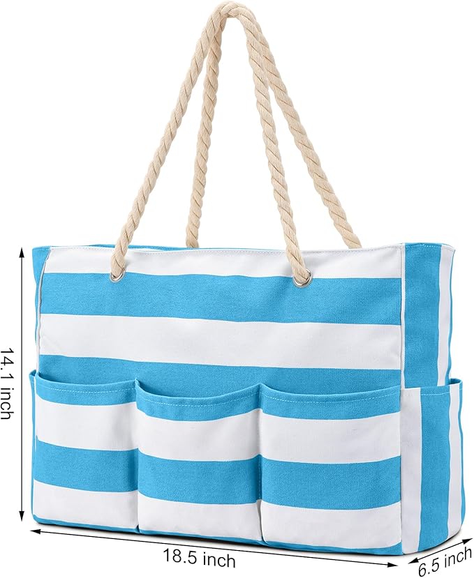 Becokan Beach Bags for Women Canvas Large Beach Tote Bag Zipper Waterproof Sandproof Foldable Swim Pool Bag with 7 Pockets