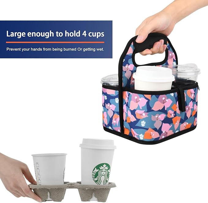 Beautyflier Reusable Insulated Coffee Cup Carrier, Portable Drink Holder with Handle Organizer Tote Bag for Hot & Cold Drinks (Bougainvillea)