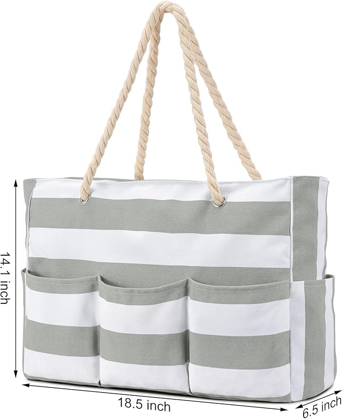 Becokan Beach Bags for Women Canvas Large Beach Tote Bag Zipper Waterproof Sandproof Foldable Swim Pool Bag with 7 Pockets