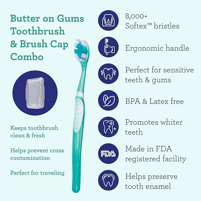 GuruNanda Travel-Friendly Oral Care Kit- 1 Butter on Gums Toothbrush, 1 Tongue Scraper, 4 Dual-Action Floss Picks, 1 Coconut & Mint Oil Pulling Sachet (Pack of 2)