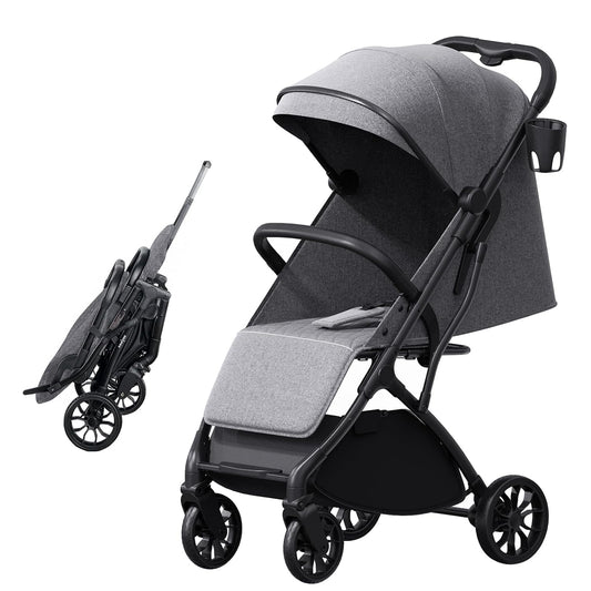 Compact Travel Stroller for Toddlers, Lightweight & Airplane Ready Stroller for Baby/Infant w Telescoping Handle and Cup Holder, One-Hand Quick Fold, Near Flat Recline Seat, TR18, Grey