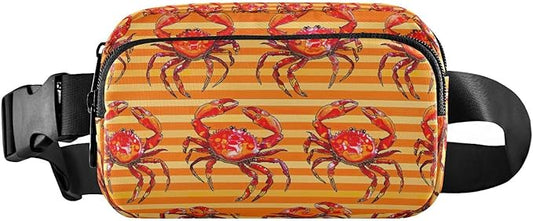 Red Crabs on Orange Stripe Fanny Pack for Women Men Water Resistant Fashion Waist Packs with Adjustable Strap Belt Bag for Travel Workout Jogging Hiking 21219150