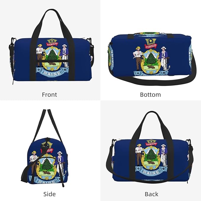 Maine State Flag Print Gym Bag with Shoe Compartment for Women Men, 17.7in Sports Duffle Weekender Tote, Overnight Travel Duffel Bag Carry On