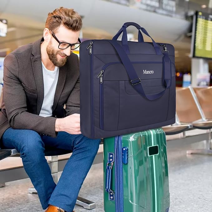 Mancro Carry On Suit Garment Bags for Travel, Suit Bag with Adjustable Shoulder Strap, Waterproof Foldable Luggage Bag for Men Women, Large Travel Garment Bags for Hanging Clothes, Blue