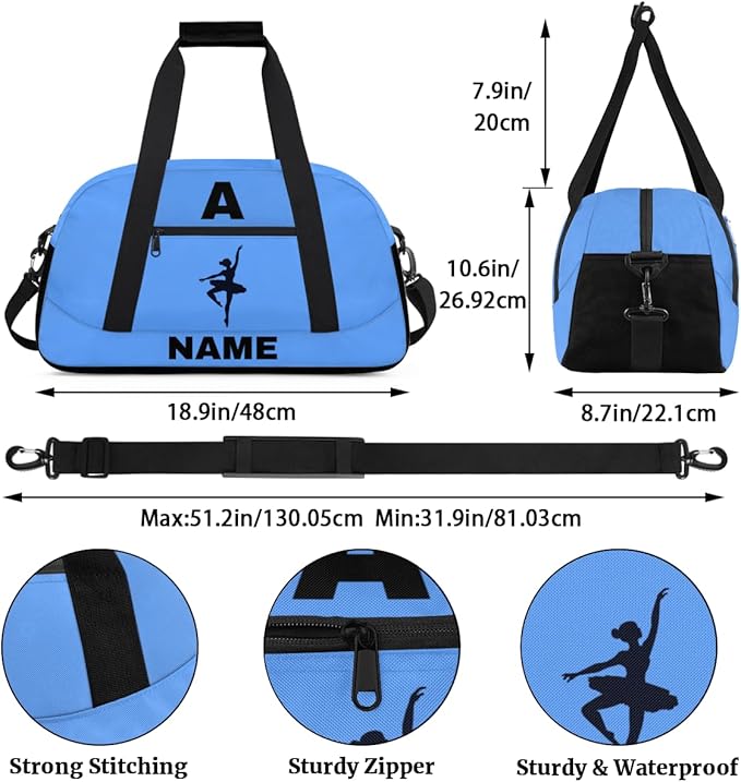 Personalize-Kids-Sports-Duffel-Bags With Custom Name Text Carry-On Overnight Travel Gym Lightweight Dance Pattern Sports Bags For Girls Boys Kids,Blue 1