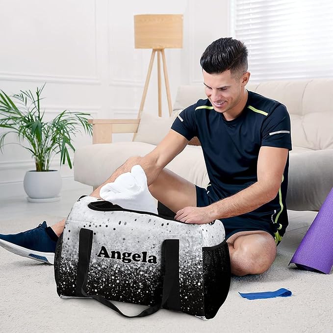 Black White Bling Print Personalized Duffle Travel Bag Custom Duffel Bag with Printed Sports Bag with Name Weekend Overnight