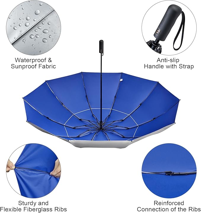 G4Free 46 Inch Inverted Small Travel Umbrella Compact, Reverse UPF 50+ UV Protection Umbrella 10 Ribs Windproof for Rain Double Canopy with Vent Automatic Open Close