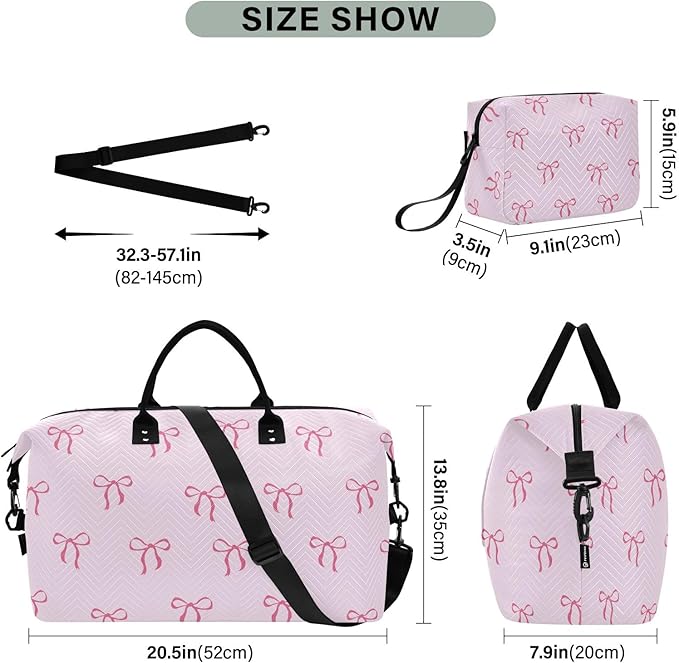 Travel Duffle Bag, Good Night Cute Bows Gym Bag with Storage Bag Weekender Overnight Bag for Men Women Trip Sports Yoga
