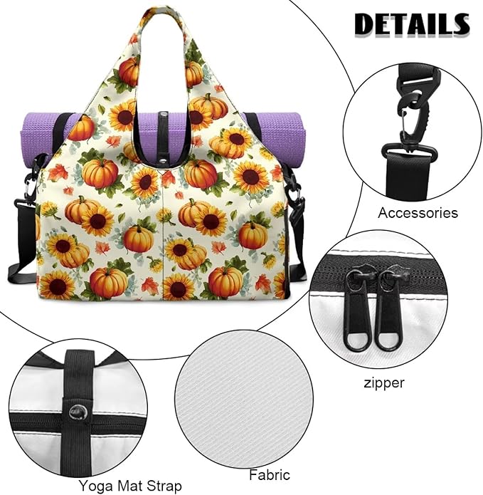 Autumn Sunflower Pumpkin Duffle Bag for Gym Sports Women Carry On Weekender Bag with Shoe Compartment for Yoga Travel Hiking Duffel Overnight Weekender Fall Thanksgiving Decor Gifts
