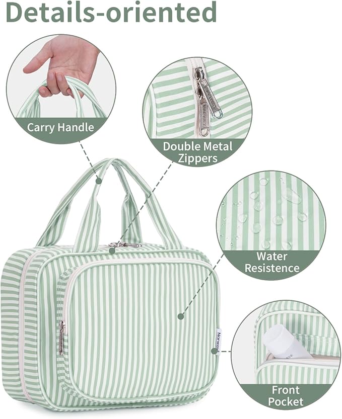 Narwey Striped Hanging Toiletry Bag for Women Travel Makeup Bag Organizer Toiletries Bag for Travel Size Essentials Accessories Cosmetics (Mint Green Stripe (Medium))