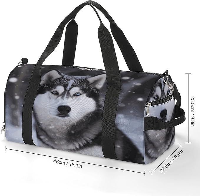 Oxford Cloth Husky In Snow Dog Gym Bag,Duffle Bag with Shoes Compartment And Adjustable Shoulder Straps，Weekender Bags for Men Women.