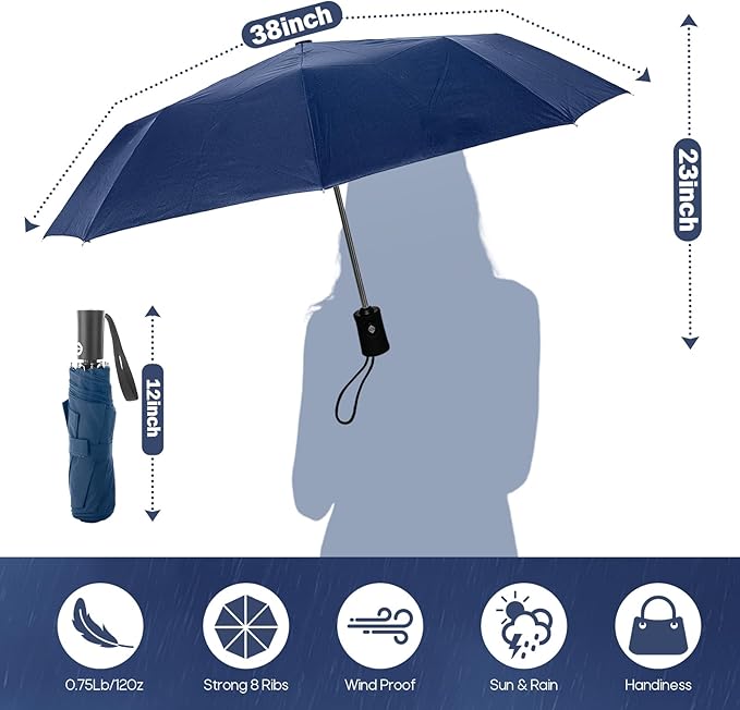 Travel Compact Umbrella, Folding Travel Umbrella for Rain and Shine Small, Windproof Automatic Open/Close, Portable Umbrellas