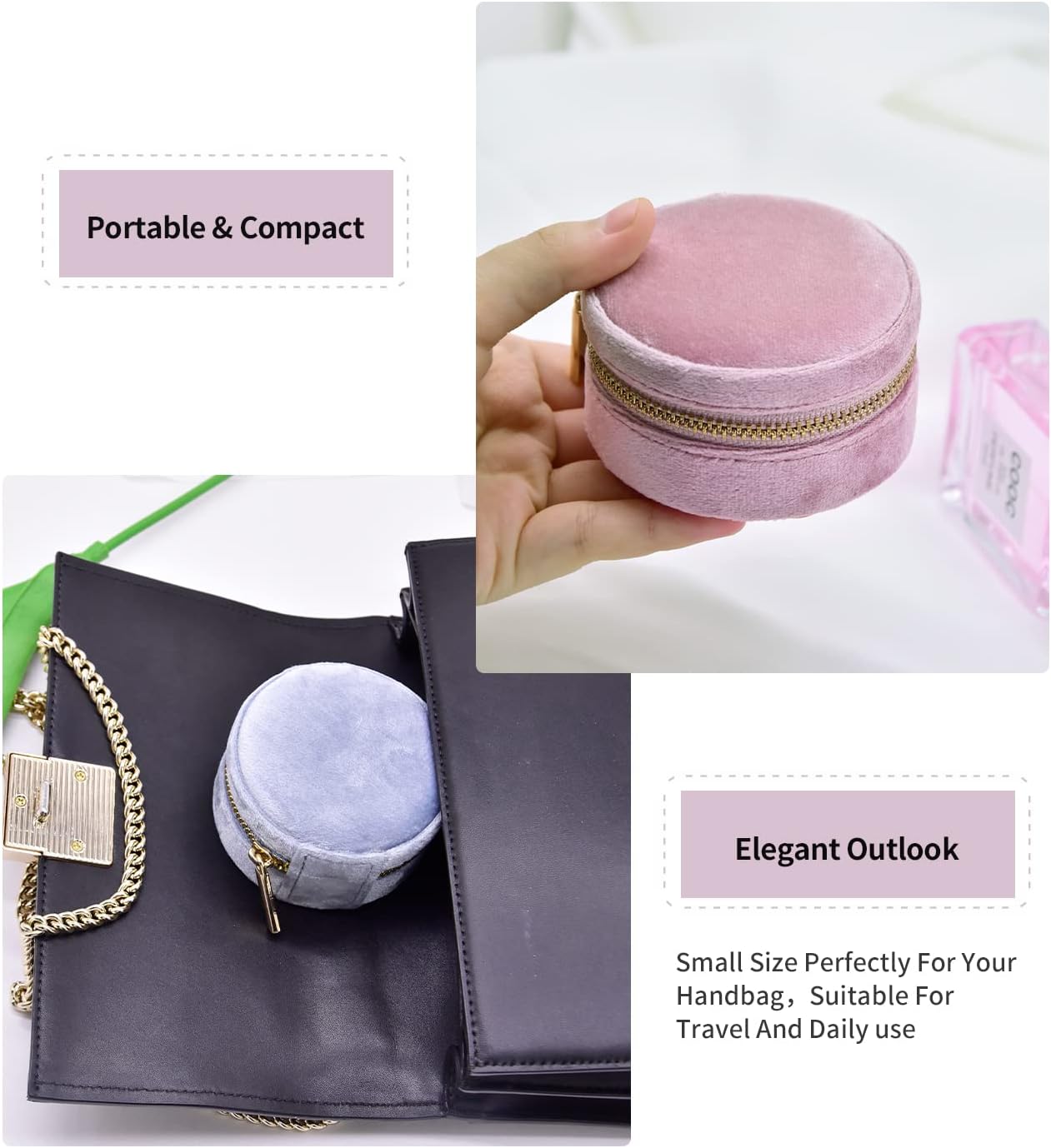 TAIMY Small Jewelry Travel Case, Round Mini Travel Jewelry Box for Women Girls, Portable Mini Jewelry Travel Organizer Boxes for Rings Earrings Necklaces Bracelets(Pink Lavender)