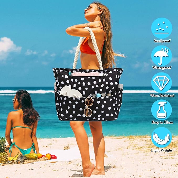 Large Canvas Beach Bag for Women, Beach Bags Waterproof Sandproof with Zipper & Wet Bag Cruise Essentials