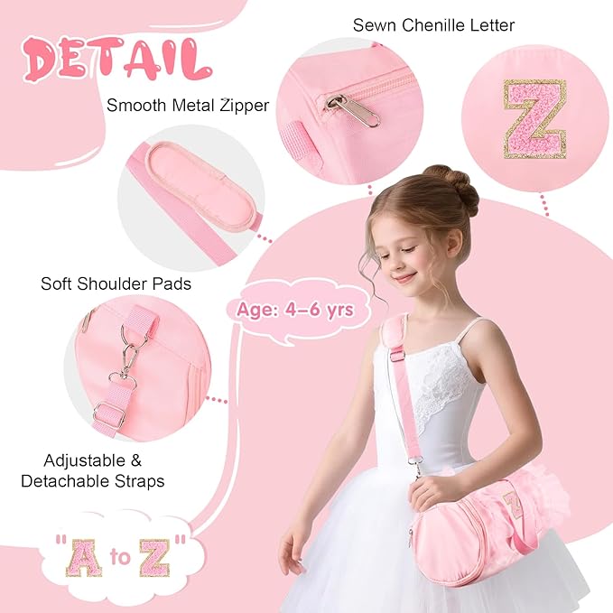 Personalized Initial Dance Bag for Girls 4-6, Small Lace Gym Sport Yoga Cheer Dance Bags Gift for Teen Girls, Cute Letter Kids Ballet Bag Toddler Travel Duffel Tote with Adjustable Straps(Pink-Z)