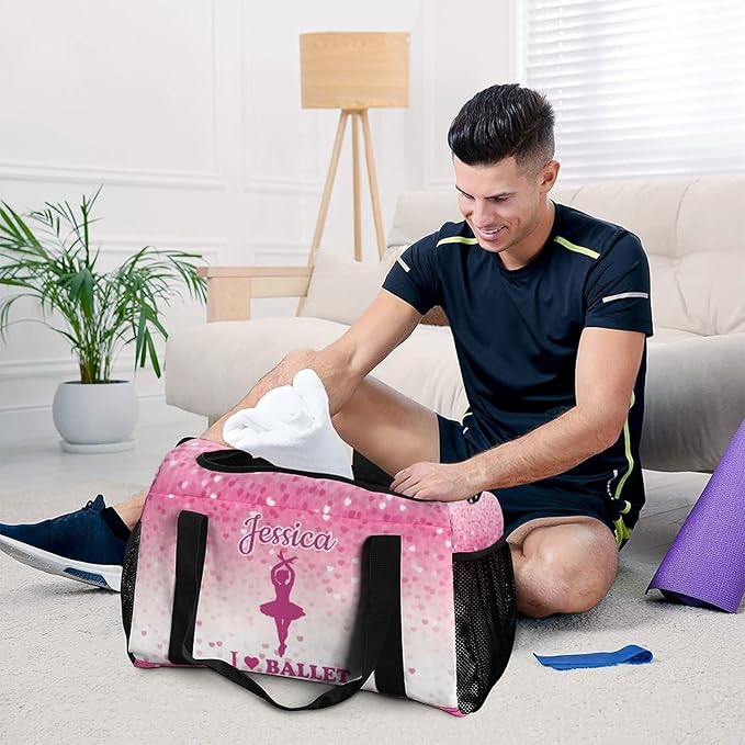 Pink Love Ballet Glitter Ombre Print Personalized Travel Bag with Name Lightweight Luggage Duffle Water-Resistant Gym Bag with Adjustable Strap for Men & Women