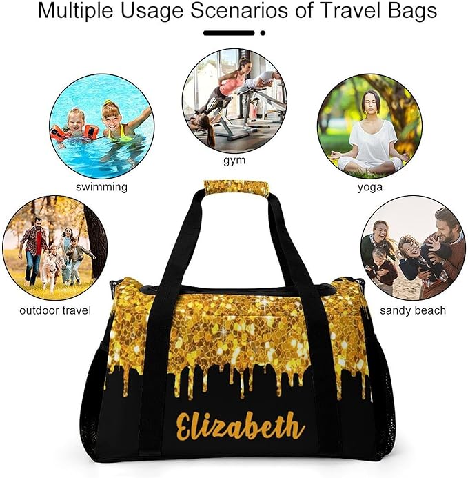 Golden Yellow Sequin Glitter Print Crossbody Bag Customized Duffel Bags (Store Shoes) Weekender Overnight Bag Travel Bag Personalized Gift Gym Bags