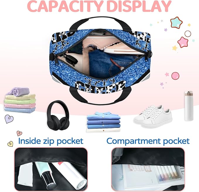 Personalized Gym Dance Ballet Bag Small, Custom Name Cheer Sport Weekender Carry On Travel Duffel Bags, Water Blue with Black Glittering Cheerleading