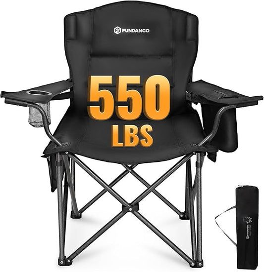 FUNDANGO Oversized Camping Chair for Adults, Heavy Duty Portable Foldable Lawn Chair with Padded Seat & Back, Lumbar Support, 4-can Cooler & Cup Holder, Carry Bag Included for Outdoor