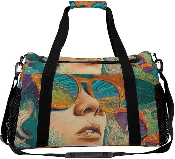 Psychedelic Holiday Mushroom Duffle Bag Gym Bag for Workout Travel Tote with Detachable Straps