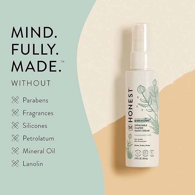 The Honest Company Baby Diaper Rash Cream Spray, Moisturizing, Calming Zinc Oxide, Hypoallergenic, Dermatologist Tested, Cruelty-Free, 2 fl oz