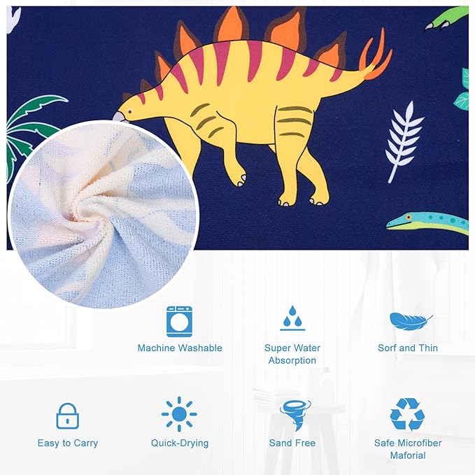 LIVILAN Dinosaur Beach Towel for Kids, Soft Microfiber 30" X 60", Quick Dry, Sand Free, Perfect for Boys Bath, Pool, Travel, Durable Toddler Towel, Ideal Dinosaur Gift
