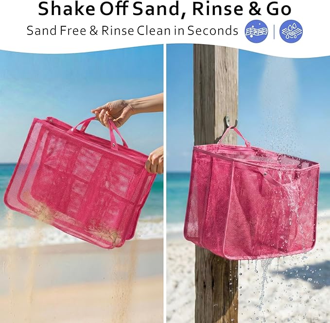 F-color Beach Bag Organizer Insert Compatible with Silicon Bag Original Large, Mesh Tote Liner with 10 Pockets & Adjustable Handle, Lightweight Divider Pouch for Beach Accessories Organizing, Pink