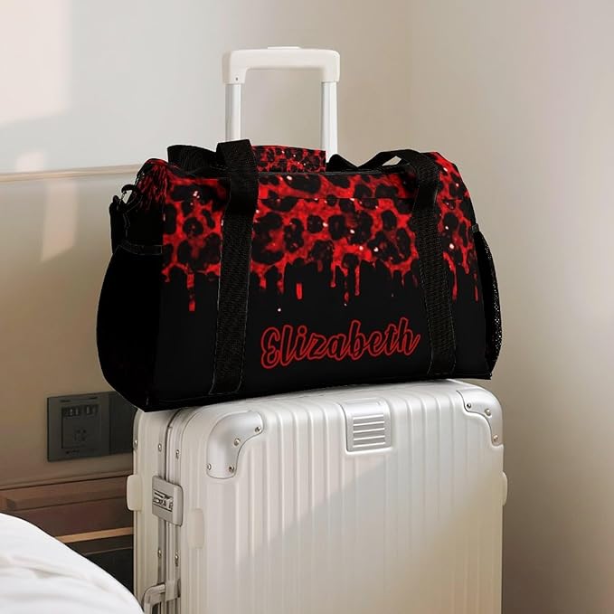 Red Maroon Leopard Sparkle Print Luggage Bag Waterproof Duffel Bag Adjustable Shoulder Strap Perform Training Travel Bag for Teens Adults Backpack