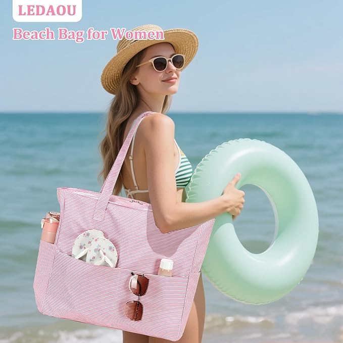 LEDAOU Large Beach Bag Women Waterproof Sandproof Zipper Beach Tote Pool Bag for Swim Gym Grocery Travel with Wet Pocket | Waterproof, Sandproof, Zipper, Pool, Gym, Grocery