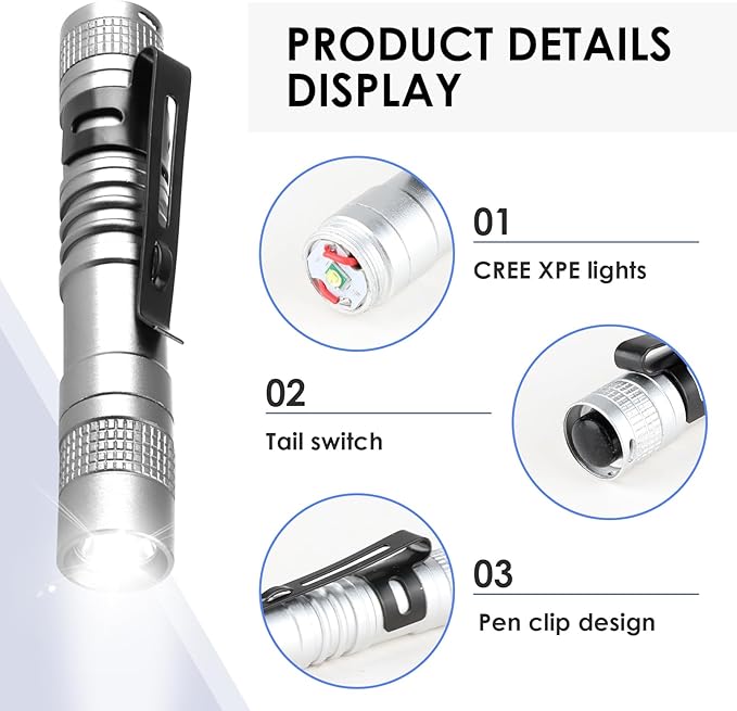 Mini Flashlight, AAA Small Pen Light with Clip, Portable 500lm Pocket Pen Flashlight for Inspection Repair Outdoor Emergency (3 Pack, Sliver, 3.5")