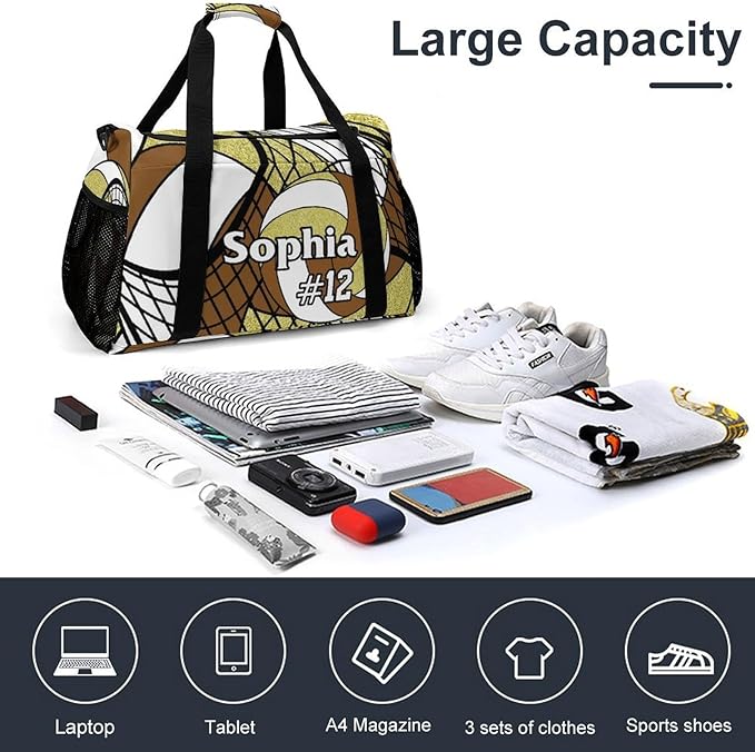 Custom Volleyball Brown Gold Duffel Bag with Name Personalized Travel Bags Sport Gym Bag Carry On Weekender Bags for Men Women