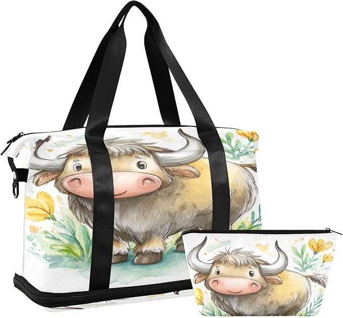 Travel Duffel Bags for Women Cute Cartoon Yak with Wildflowers Sports Duffel Bags Gym Bags with Shoes Compartment Tote Bag Weekender Bag for Travelling